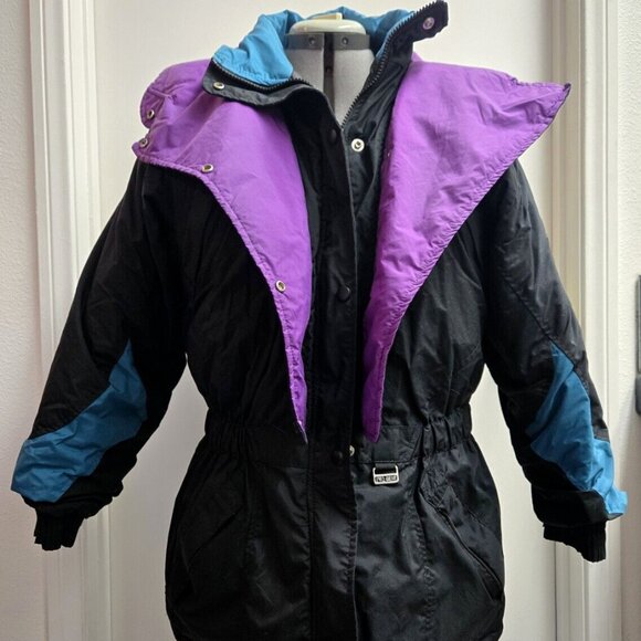 Vintage 90s Pro Gear Down Puffer Bomber Jacket Ski Snow Black Women's Medium VTG - Picture 1 of 7